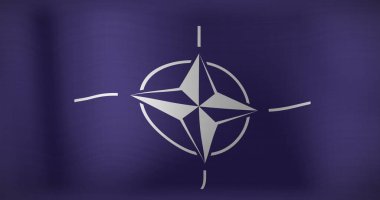 NATO 'nun hareket eden ve dalgalanan bayrağı. Ukrayna çatışması, vatanseverlik ve dijital olarak üretilen görüntü konsepti.