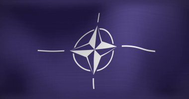 NATO 'nun hareket eden ve dalgalanan bayrağı. Ukrayna çatışması, vatanseverlik ve dijital olarak üretilen görüntü konsepti.