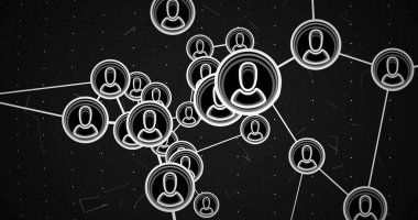 Siyah arkaplandaki insan simgeleriyle bağlantı ağının resmi. küresel çevrimiçi bağlantılar, dijital arayüz ve dijital olarak oluşturulmuş ağ konsepti.