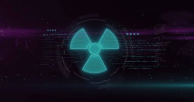 Siyah arka planda arızalı yeşil nükleer işaret ve veri işleme görüntüsü. Nükleer enerji konsepti dijital olarak oluşturulmuş görüntü.