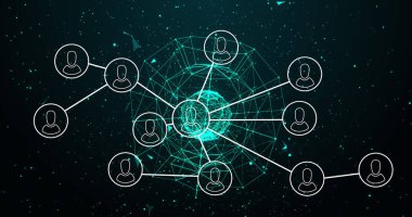 Dünya üzerindeki insan simgeleriyle bağlantı ağının görüntüsü. küresel ağ, hesaplama, veri işleme ve dijital arayüz kavramı dijital olarak oluşturuldu.