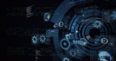 Kapsam taramasında simge ve veri işleme resimleri. küresel hesaplama, veri işleme, teknoloji ve dijital arayüz kavramı dijital olarak oluşturuldu.