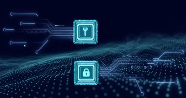 Bilgisayar devre kartında çevrimiçi güvenlik anahtarıyla veri işleme resmi. küresel hesaplama, veri işleme, teknoloji ve dijital arayüz kavramı dijital olarak oluşturuldu.