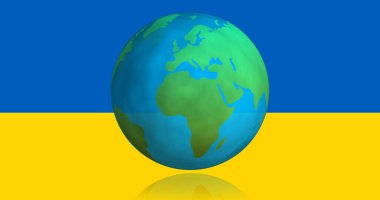 Ukrayna bayrağı üzerinde dönen dünyanın görüntüsü. Ukrayna krizi ve uluslararası politika kavramı dijital olarak oluşturuldu.