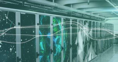 Sunucu odasındaki şekiller ve noktalar. sunucular ve bulut hesaplama kavramı dijital olarak oluşturuldu.
