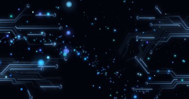 Bilgisayar devre kartının üzerinde parlayan noktalar. küresel hesaplama, veri işleme, teknoloji ve dijital arayüz kavramı dijital olarak oluşturuldu.