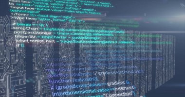 Mavi arkaplanda veri işleme resmi. küresel iş ve dijital arayüz kavramı dijital olarak oluşturulmuş görüntü.