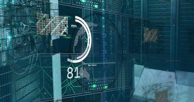 Sunucu odasının üzerindeki veri işleme ve küresinin resmi. küresel iş ve dijital arayüz kavramı dijital olarak oluşturulmuş görüntü.