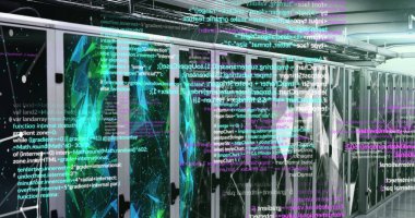 Sunucu odasındaki veri işleme ve şekillerin resmi. küresel iş ve dijital arayüz kavramı dijital olarak oluşturulmuş görüntü.