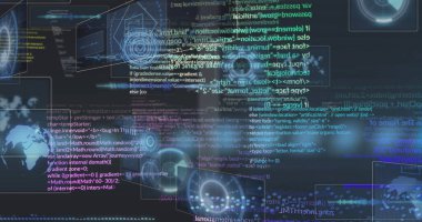 Siyah arkaplanda veri işleme resmi. küresel iş ve dijital arayüz kavramı dijital olarak oluşturulmuş görüntü.