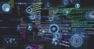 Siyah arkaplanda veri işleme resmi. küresel iş ve dijital arayüz kavramı dijital olarak oluşturulmuş görüntü.