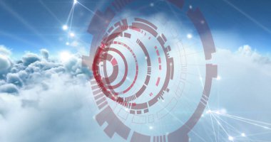 Kapsam taraması ve bulutlar üzerindeki bağlantı ağı görüntüsü. küresel iş ve dijital arayüz kavramı dijital olarak oluşturulmuş görüntü.