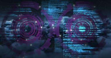 Kapsam taraması ve bulutların üzerindeki veri işleme görüntüsü. küresel iş ve dijital arayüz kavramı dijital olarak oluşturulmuş görüntü.