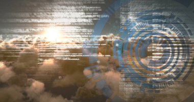 Kapsam taraması ve bulutların üzerindeki veri işleme görüntüsü. küresel iş ve dijital arayüz kavramı dijital olarak oluşturulmuş görüntü.