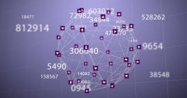Menekşe arkaplanındaki simgelerle ve sayılarla bağlantı ağının resmi. küresel ağ, bağlantılar ve teknoloji konsepti dijital olarak oluşturulmuş görüntü.