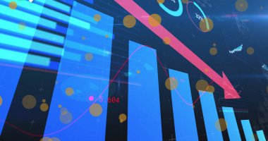 Veri işleme görüntüsü ve mavi arkaplandaki noktalar. küresel iş, finans, bağlantılar ve dijital arayüz konsepti dijital olarak oluşturulmuş görüntü.