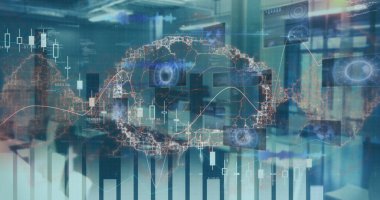 Ofis dışında veri işleme ve beyin görüntüsü. küresel iş, finans, bağlantılar ve dijital arayüz konsepti dijital olarak oluşturulmuş görüntü.