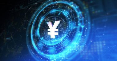 Yen 'i mavi ve siyah dijital alan üzerinde döndüren bir işlem çemberi resmi. İletişim, para birimi, finans ve teknoloji konsepti dijital olarak oluşturulmuş görüntü.