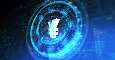 Yen 'i mavi ve siyah dijital alan üzerinde döndüren bir işlem çemberi resmi. İletişim, para birimi, finans ve teknoloji konsepti dijital olarak oluşturulmuş görüntü.