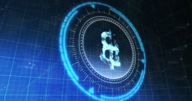 Mavi ve siyah dijital alan üzerinde dönen bitcoin ile çember işleme görüntüsü. İletişim, para birimi, finans ve teknoloji konsepti dijital olarak oluşturulmuş görüntü.