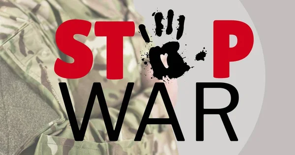 Digitaal Samengesteld Beeld Van Stop Oorlogstekst Met Handsymbool Boven Militair — Stockfoto