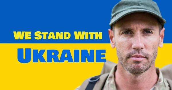 Portrait Caucasian Army Soldier Stand Ukraine Text Flag Digital Composite — Stock Photo, Image