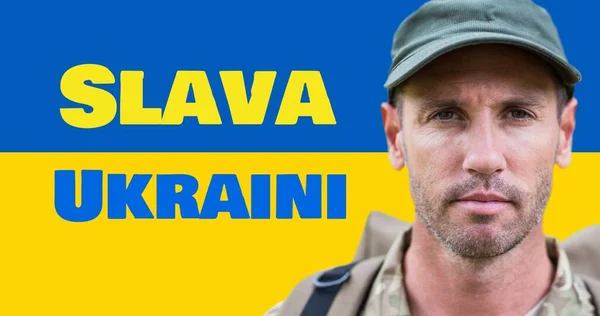 Portrait Caucasian Male Army Soldier Slava Ukraini Text Blue Yellow — Stock Photo, Image
