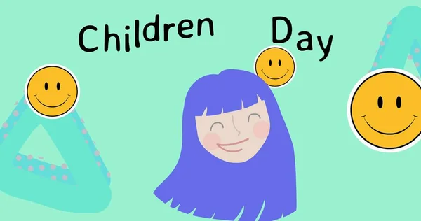 Mavi Saçlı Bir Kızın Dijital Görüntüsü Çocuk Günü Antropomorfik Gülen — Stok fotoğraf