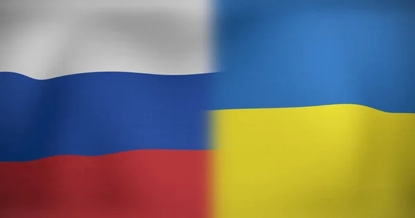 俄罗斯和乌克兰移动和飘扬的国旗图像 — 图库照片