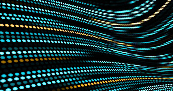Image of blue and yellow dotted light trails moving in hypnotic motion on seamless loop. light, colour and movement concept digitally generated image.