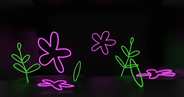 紫色霓虹灯下的花朵和绿叶在黑色背景上摇曳的图像 色和运动概念数字生成的图像 — 图库照片