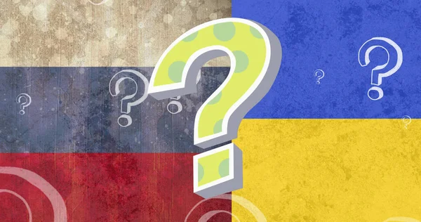 Rusya Ukrayna Bayrağı Üzerinde Yüzen Soru Işaretlerinin Resmi — Stok fotoğraf