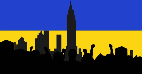 Bild Der Protestierenden Silhouetten Und Stadtbild Über Flagge Der Ukraine — Stockfoto