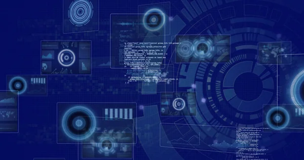 Image of data processing and digital icons over scope spinning. global computing, data processing, technology and digital interface concept digitally generated image.