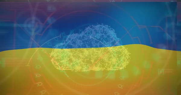 Beeld Van Digitale Cloud Gegevensverwerking Boven Vlag Van Ukraine Ukrainecrisis — Stockfoto