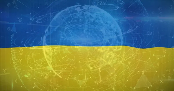 Зображення Глобуса Єднання Над Прапором України Українська Криза Міжнародна Концепція — стокове фото