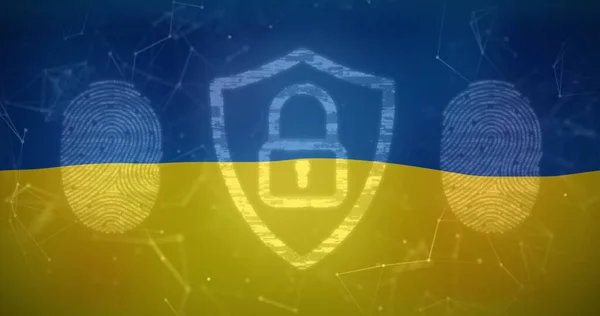 Afbeelding Van Vingerafdrukken Schild Met Hangslot Boven Vlag Van Ukraine — Stockfoto