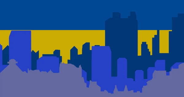 乌克兰国旗上方的城市景观图像 乌克兰危机与数字生成的国际政治概念 — 图库照片