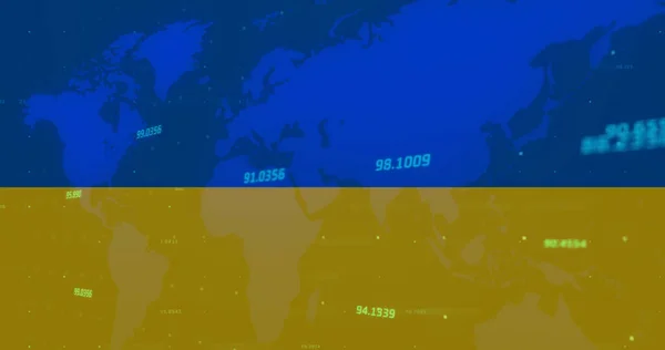 Ukrayna Bayrağı Üzerinde Dünya Haritası Finansal Veriler Ukrayna Krizi Uluslararası — Stok fotoğraf