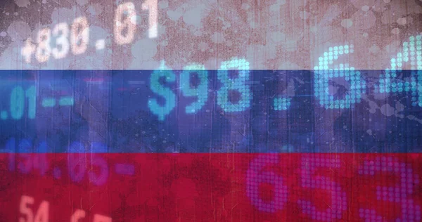Rusya Bayrağı Üzerinde Oklar Grafikler Finansal Veriler Ukrayna Krizi Uluslararası — Stok fotoğraf
