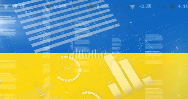 Obrázek Ikon Grafů Finančních Údajů Nad Vlajkou Ukrajiny Ukrajinská Krize — Stock fotografie