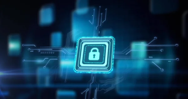 Image of data processing with online security padlock over computer circuit board. global computing, data processing, technology and digital interface concept digitally generated image.