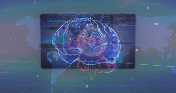 Imagem Cérebro Humano Processamento Dados Sobre Mapa Mundo Conceito Global — Fotografia de Stock