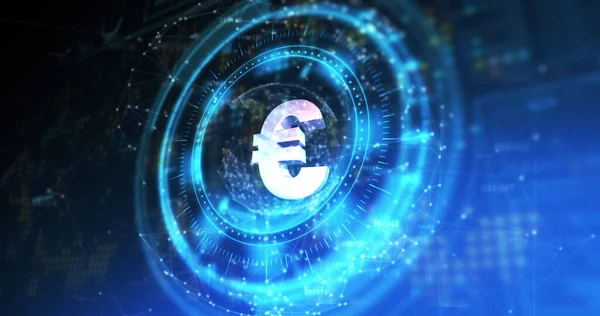 Image of processing circle with rotating euro over blue and black digital space. communication, currency, finance and technology concept digitally generated image.