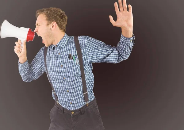 Caucasian Man Screaming Megaphone Copy Space Grey Background Announcement Event — Stock Photo, Image