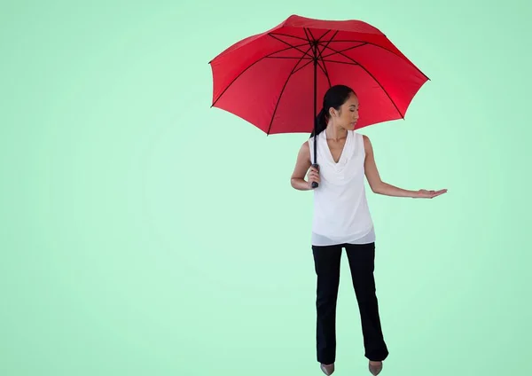 Asian Woman Umbrella Holding Invisible Object Copy Space Green Background — Stock Photo, Image