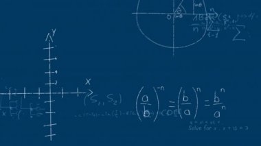 Mavi arkaplanda matematiksel denklemlerin animasyonu. küresel iş ve dijital arayüz kavramı dijital olarak oluşturulmuş video.
