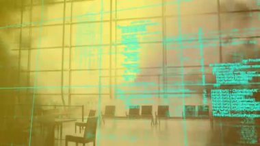Yürüyen iş adamları üzerinde veri işleme animasyonu. küresel iş ve dijital arayüz kavramı dijital olarak oluşturulmuş video.