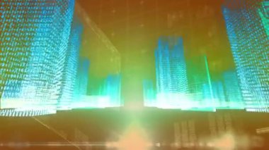 Şehir üzerinde veri işleme animasyonu. küresel iş ve dijital arayüz kavramı dijital olarak oluşturulmuş video.