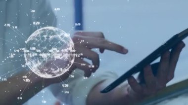 Animation of numbers and globe over caucasian businesswoman using tablet. global business and digital interface concept digitally generated video.